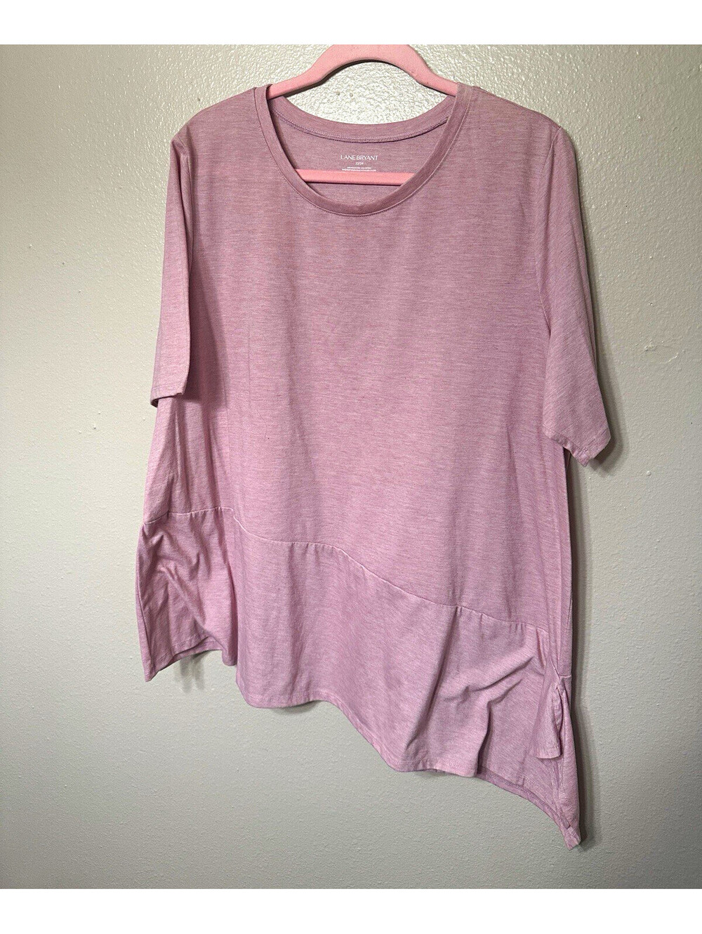 Lane Bryant Womens 22/24 Pink Asymmetrical Ruffle Hem Short Sleeve Tunic Top
